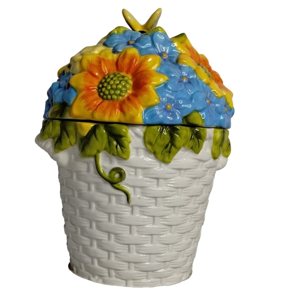 Pier 1 Floral Basket Canister Ceramic with Bee Lid Cottage Spring Decor